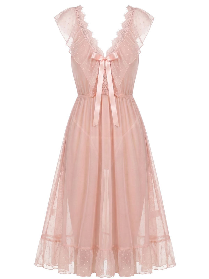 Polka Dot Spaghetti Strap Mesh Princess Nightgown, vintage fashion, retro style - perfect for women who love vintage and retro fashion