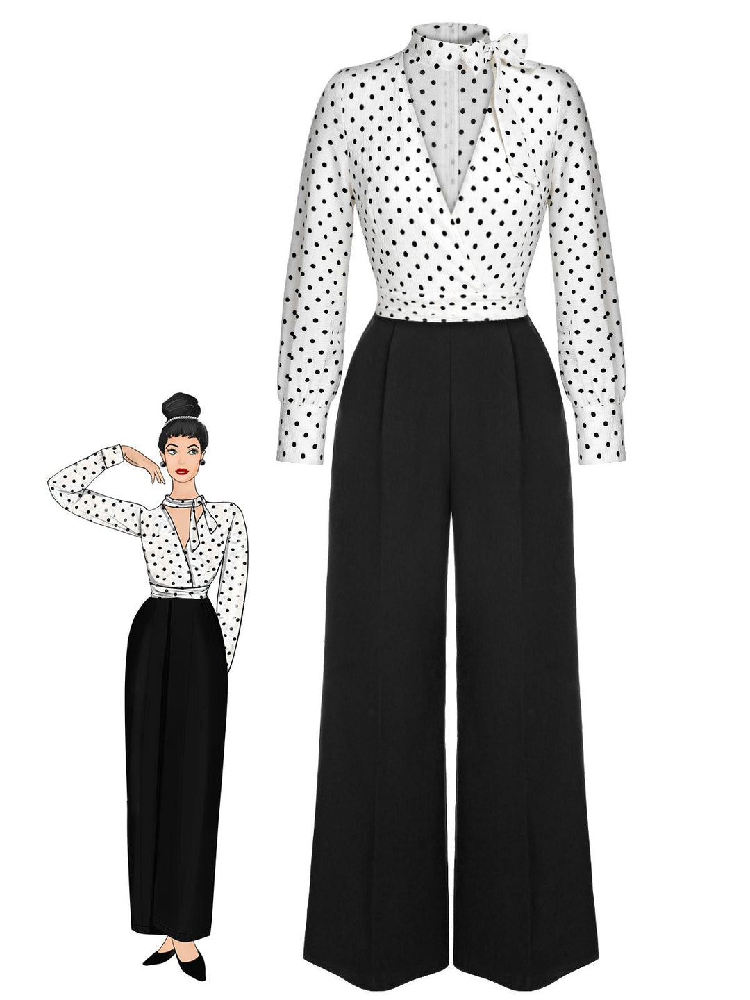 She finds her 1930s story in this & 1930s Polka Dots Tie Neck Jumpsuit