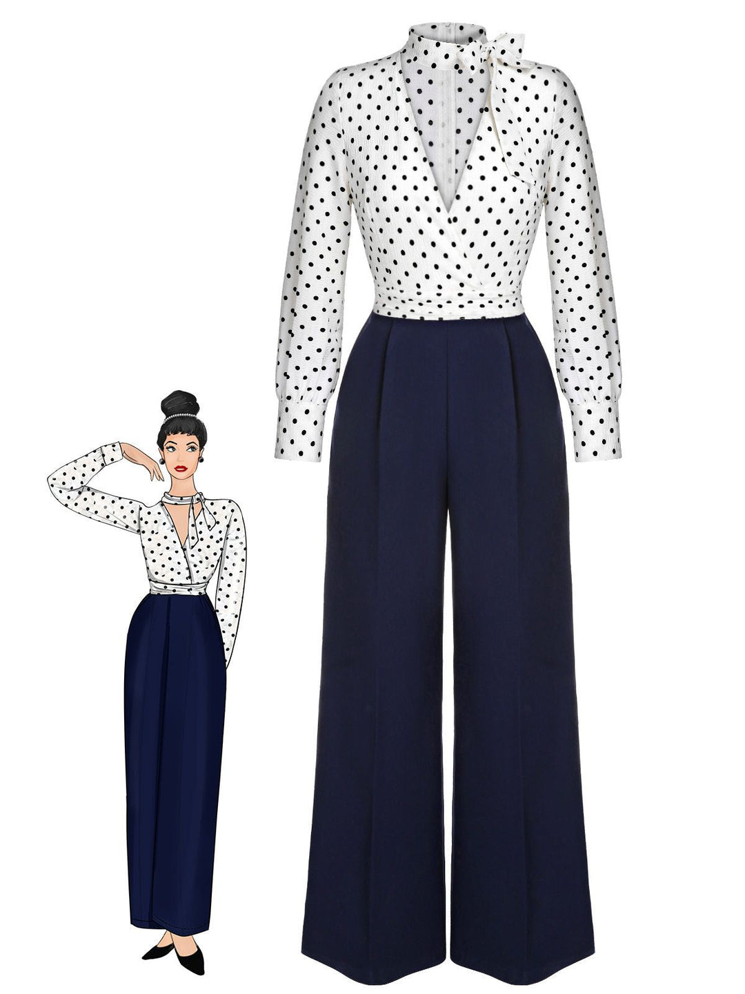Blue & White 1930s Polka Dots Tie Neck Jumpsuit, vintage romper, jumpsuit - perfect for women who love vintage and fashion
