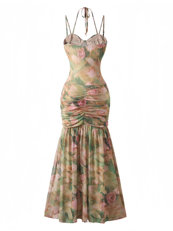 1930s Rose Print Fishbone Ruched Slit Dress - vintage dress, retro fashion