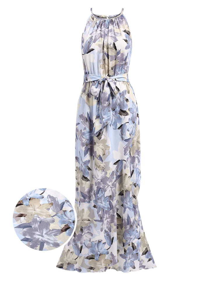 She slips into this 1930s Round Neck Floral Irregular Hem Belted Dress and suddenly it&