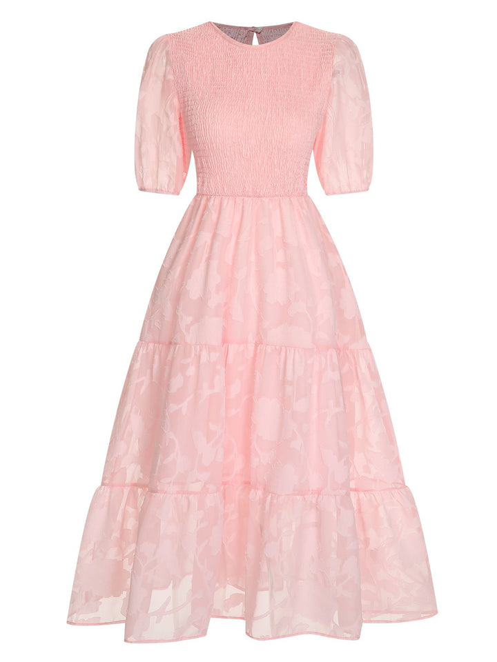 She slips into this 1930s Round Neck Puff Sleeve Wrinkle Dress and suddenly it&