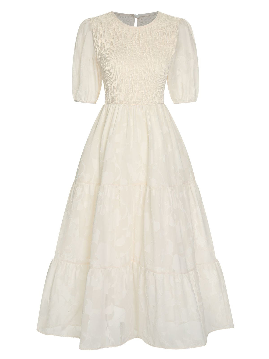 This 1930s Round Neck Puff Sleeve Wrinkle Dress wraps her in 1930s elegance, one twirl at a time