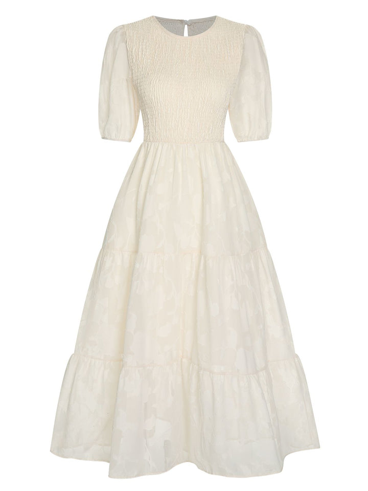 This 1930s Round Neck Puff Sleeve Wrinkle Dress wraps her in 1930s elegance, one twirl at a time