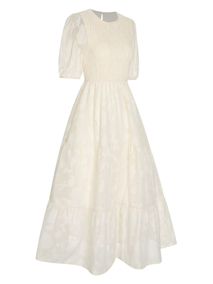 She slips into this 1930s Round Neck Puff Sleeve Wrinkle Dress and suddenly it&