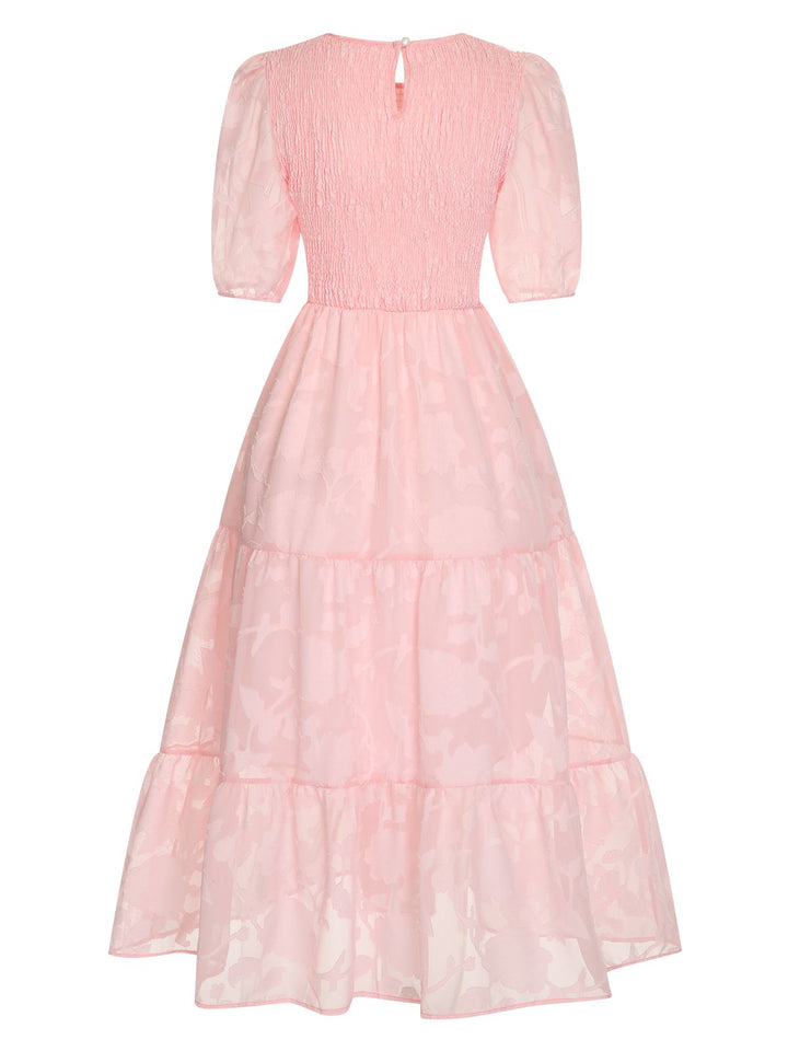 She slips into this 1930s Round Neck Puff Sleeve Wrinkle Dress and suddenly it&