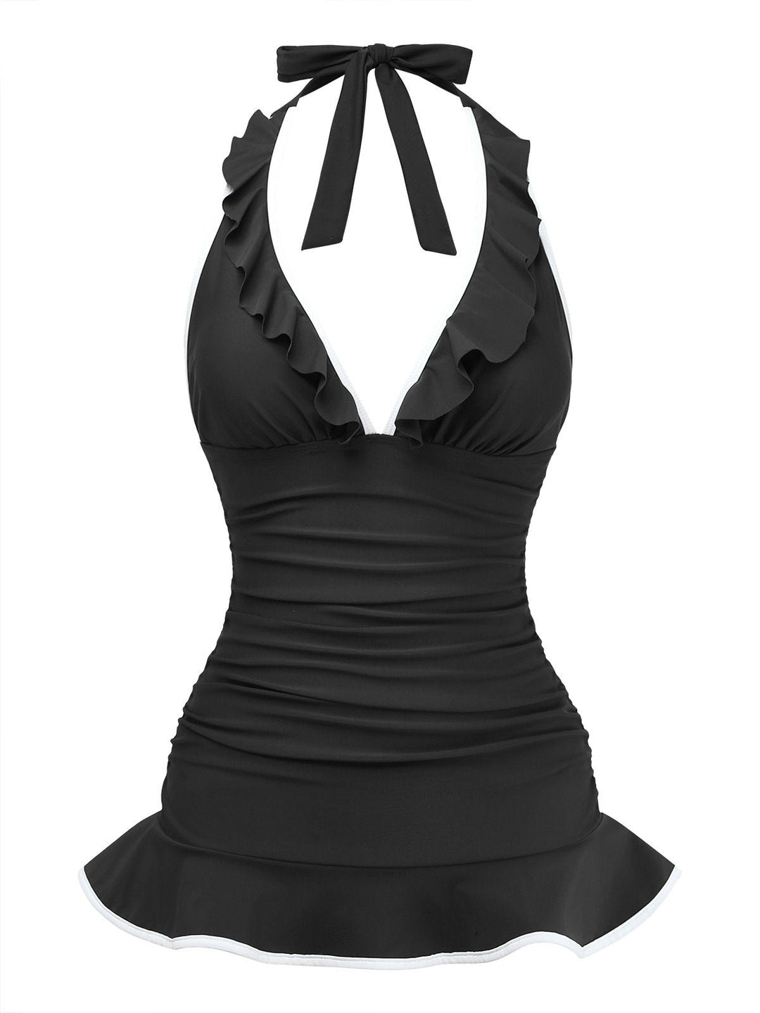 1930s Ruffle Halter Contrast Trim Swimdress - vintage dress, retro fashion