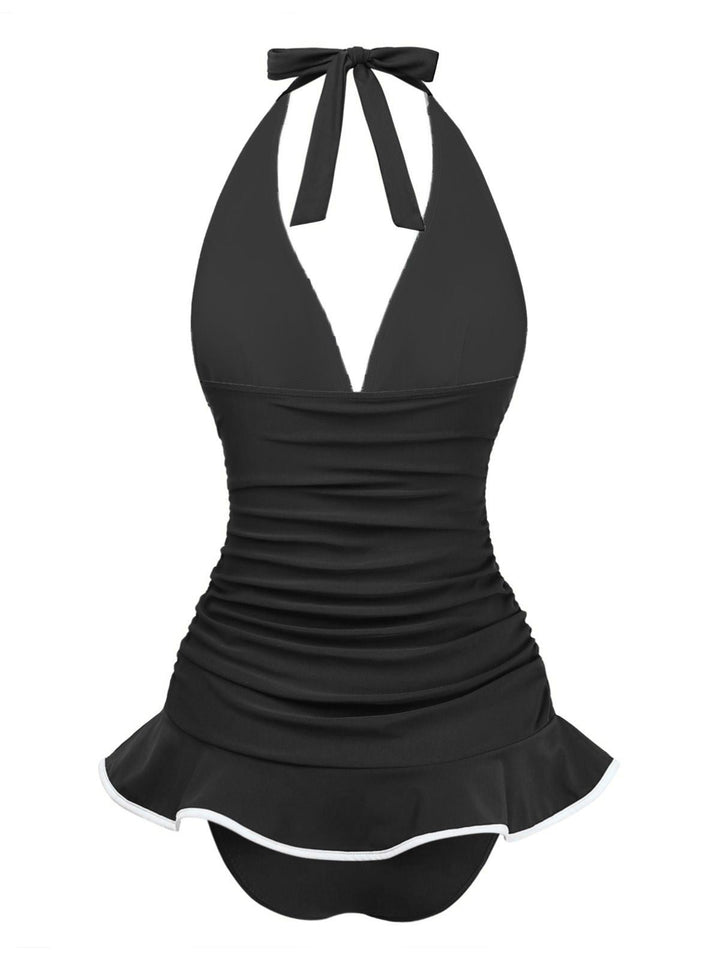 1930s Ruffle Halter Contrast Trim Swimdress - vintage dress, retro fashion