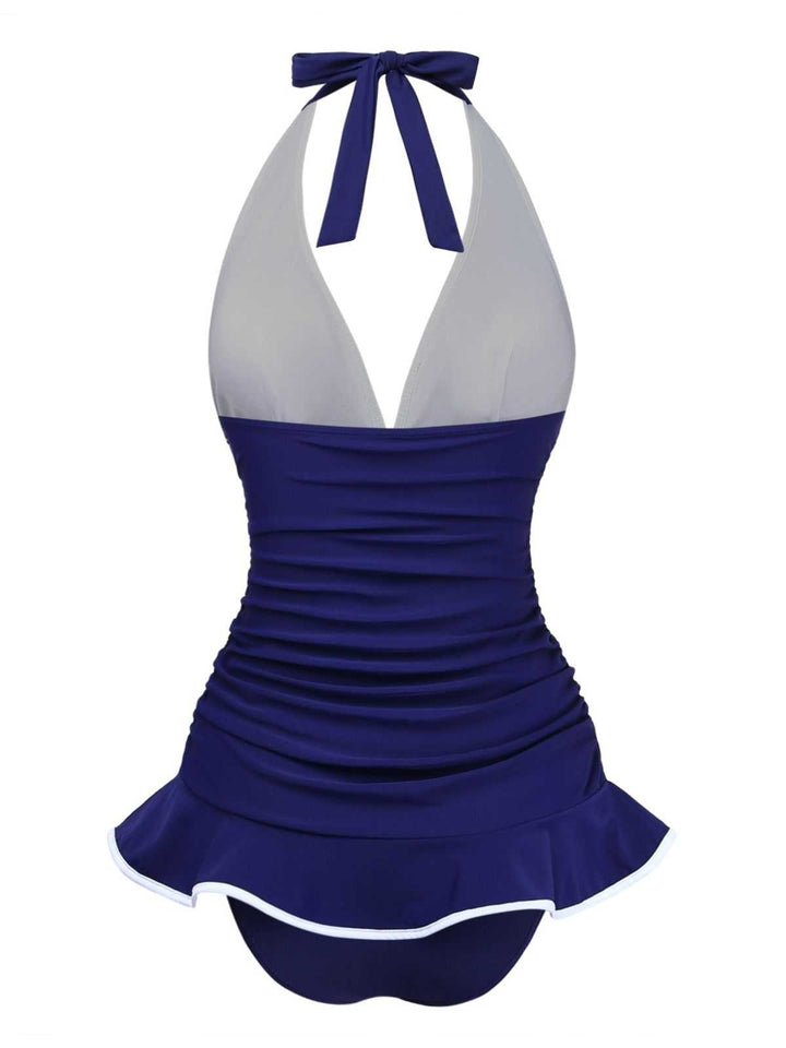 1930s Ruffle Halter Contrast Trim Swimdress - vintage dress, retro fashion