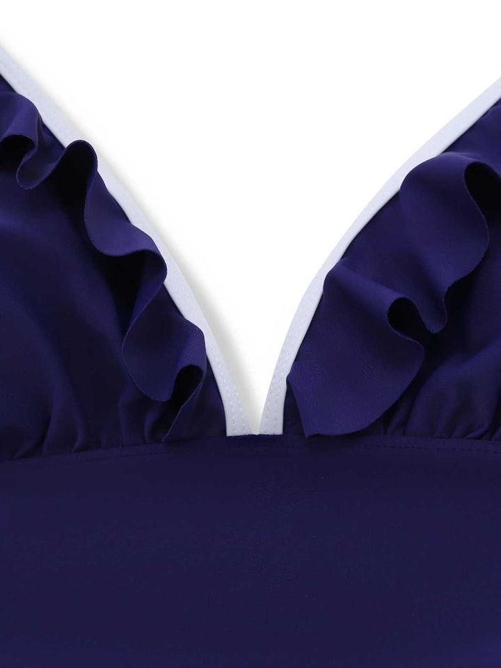 1930s Ruffle Halter Contrast Trim Swimdress - vintage dress, retro fashion