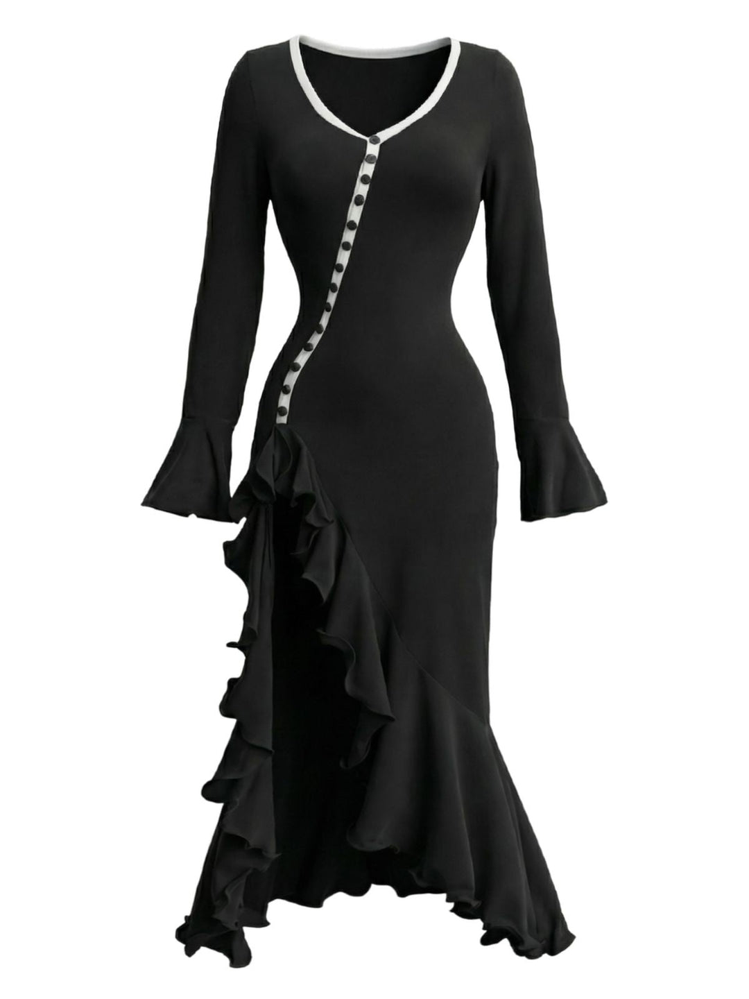 1930s Ruffled Button Side Slit Midi Dress - vintage dress, retro fashion