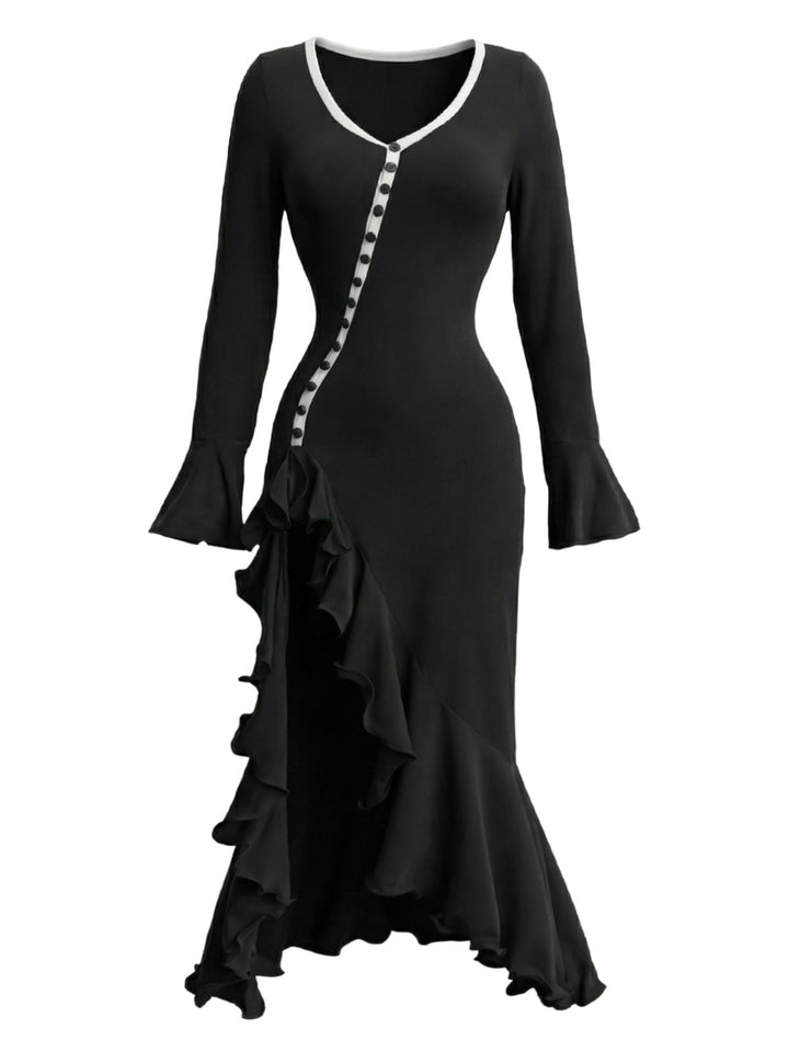 1930s Ruffled Button Side Slit Midi Dress - vintage dress, retro fashion