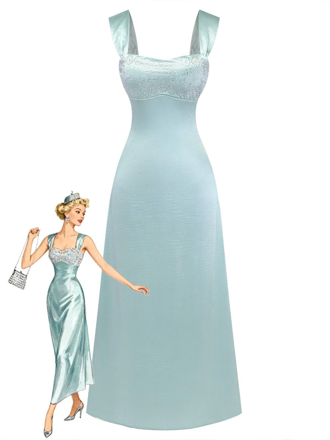 1930s Satin Rhinestone Wide-Strap Maxi Dress - vintage dress, retro fashion