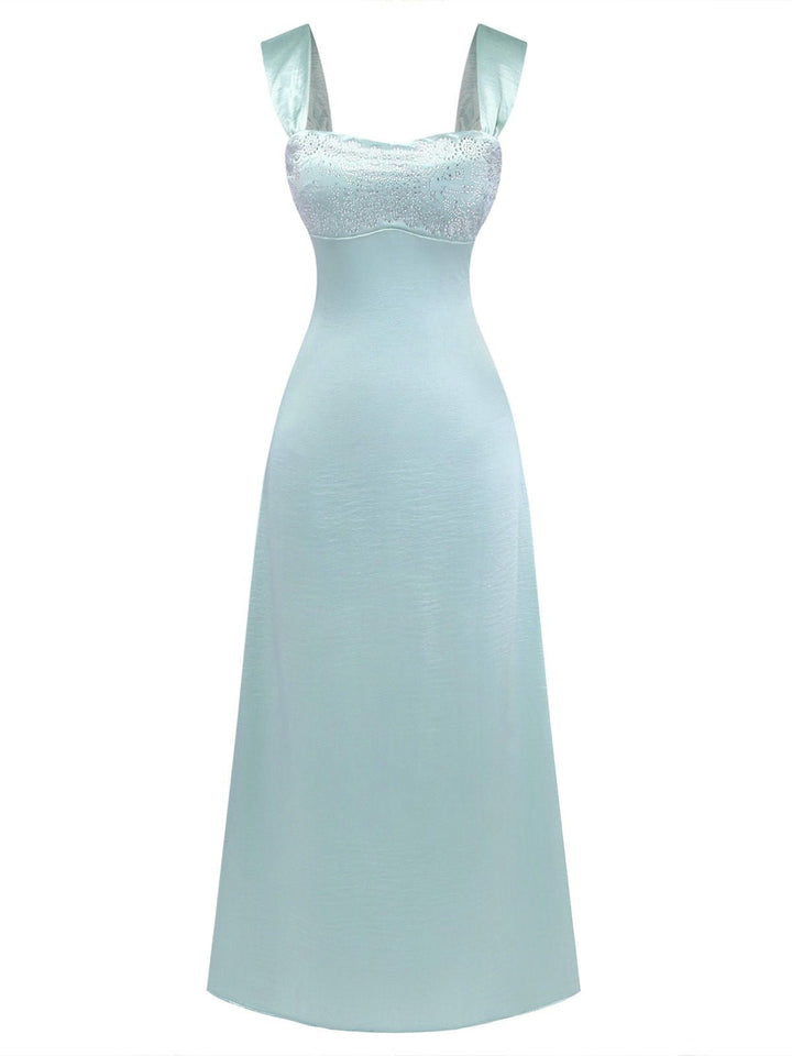 1930s Satin Rhinestone Wide-Strap Maxi Dress - vintage dress, retro fashion