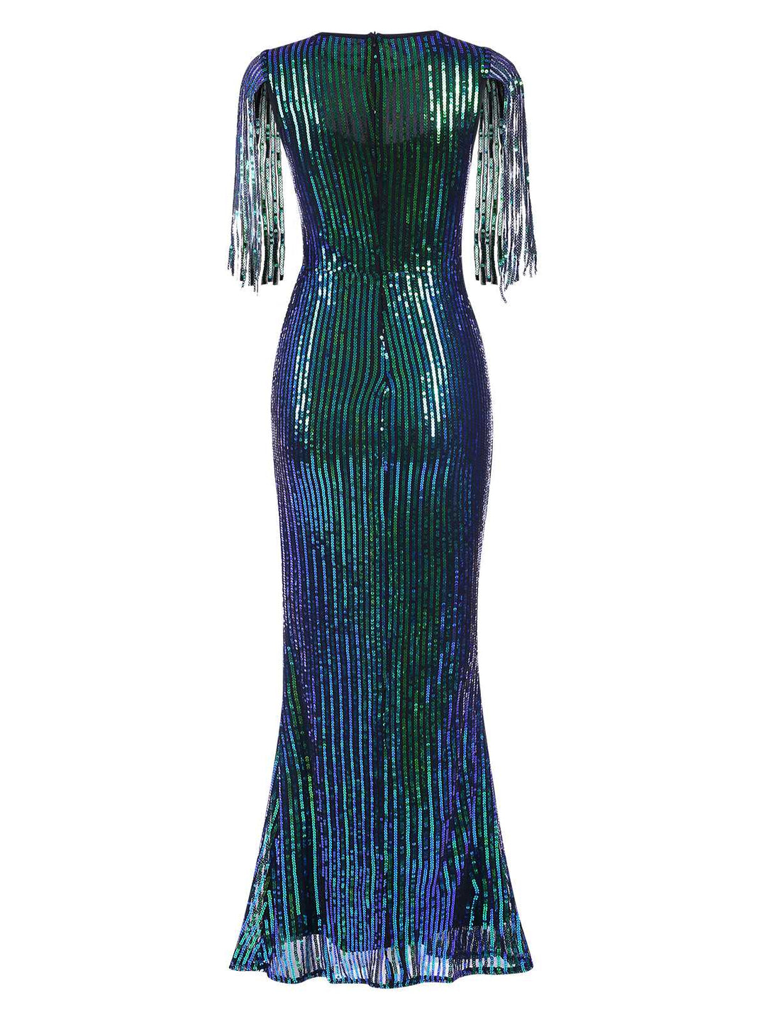 Back view: 1930s 1930s Sequined Tassels Mesh Patchwork Dress, perfect for retro themed parties, vintage fashion enthusiasts and special occasions