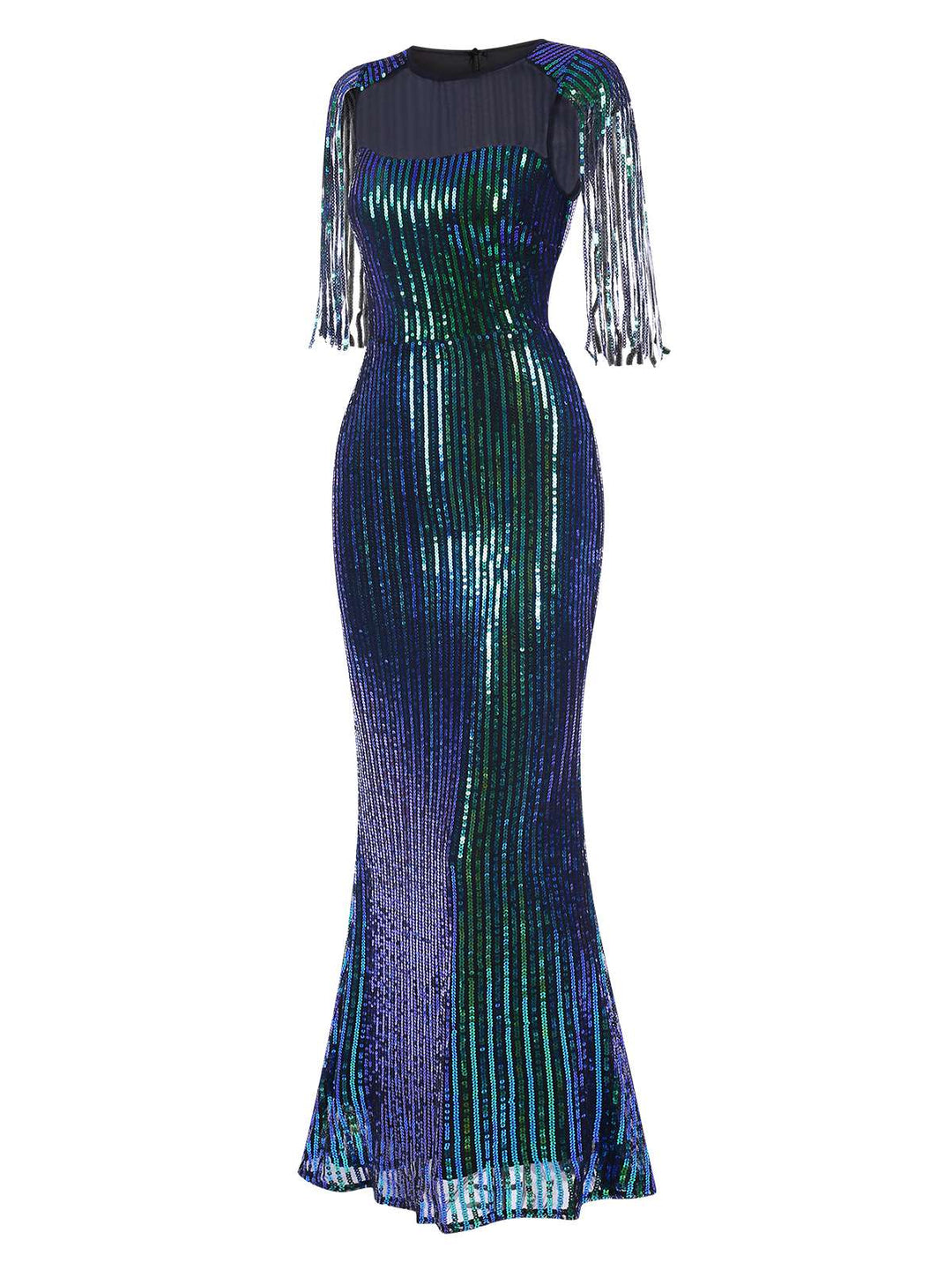 Detail close-up: 1930s 1930s Sequined Tassels Mesh Patchwork Dress, perfect for retro themed parties, vintage fashion enthusiasts and special occasions