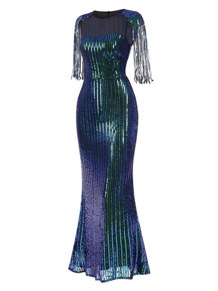 Detail close-up: 1930s 1930s Sequined Tassels Mesh Patchwork Dress, perfect for retro themed parties, vintage fashion enthusiasts and special occasions