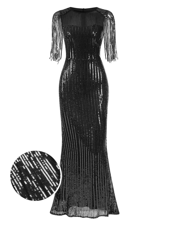 View 7: 1930s 1930s Sequined Tassels Mesh Patchwork Dress, perfect for retro themed parties, vintage fashion enthusiasts and special occasions