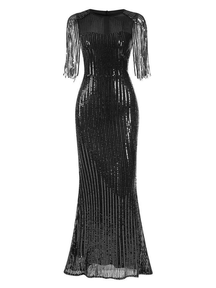 View 8: 1930s 1930s Sequined Tassels Mesh Patchwork Dress, perfect for retro themed parties, vintage fashion enthusiasts and special occasions