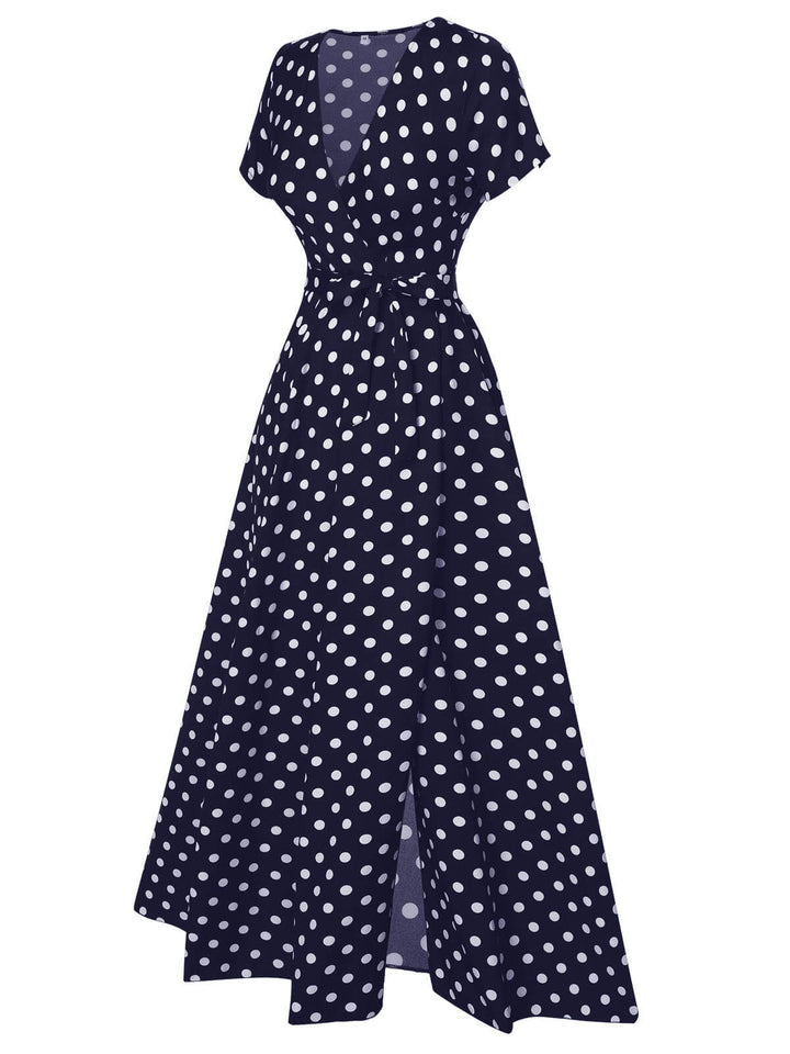 She slips into this 1930s Side Slit Deep V-Neck Polka Dots Dress and suddenly it&