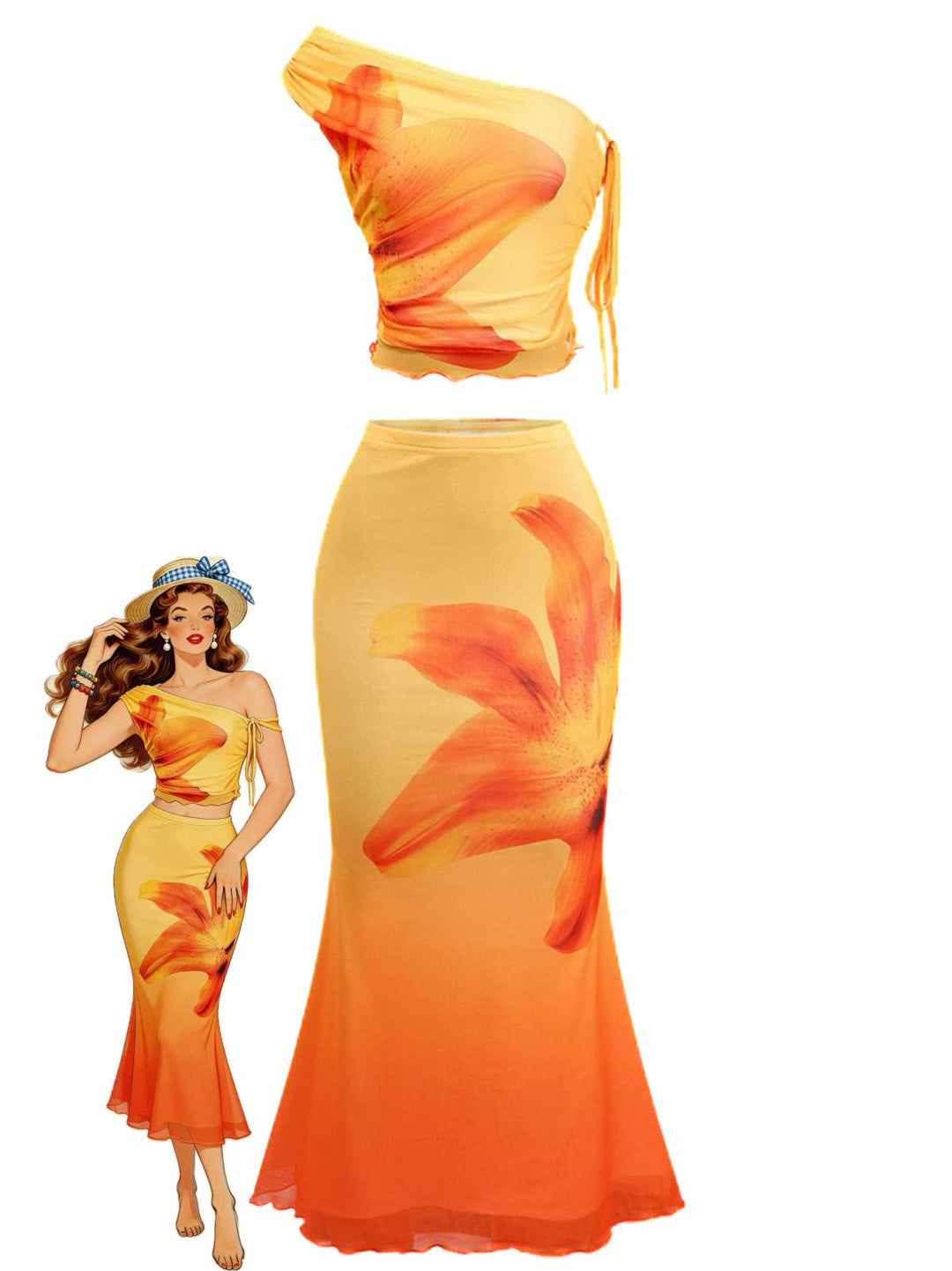 2PCS 1930s Lily Mesh One-Shoulder Crop Top &amp; Mermaid Skirt - vintage skirt, retro style
