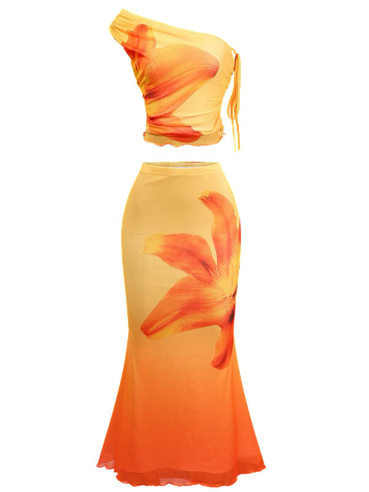 2PCS 1930s Lily Mesh One-Shoulder Crop Top &amp; Mermaid Skirt - vintage skirt, retro style