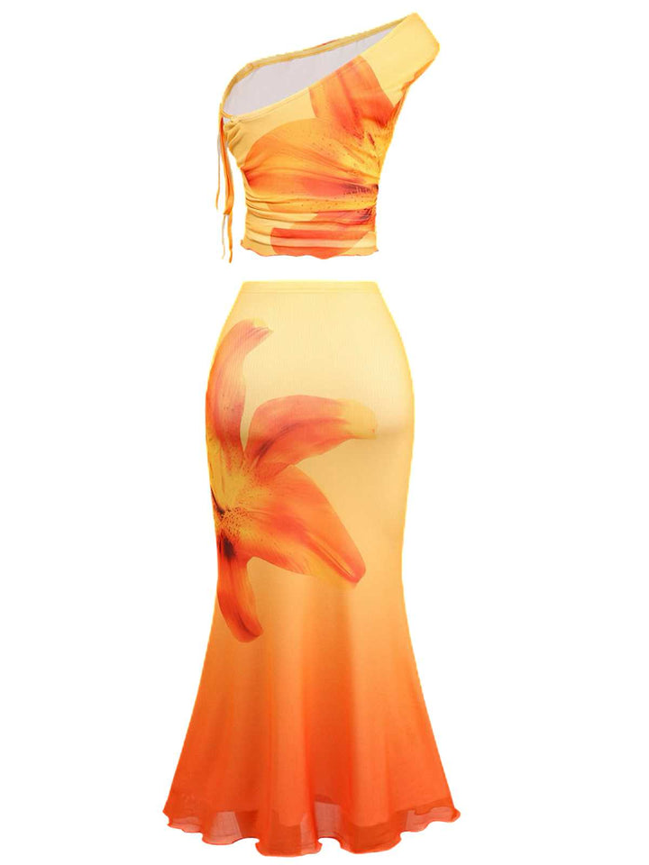 2PCS 1930s Lily Mesh One-Shoulder Crop Top &amp; Mermaid Skirt - vintage skirt, retro style