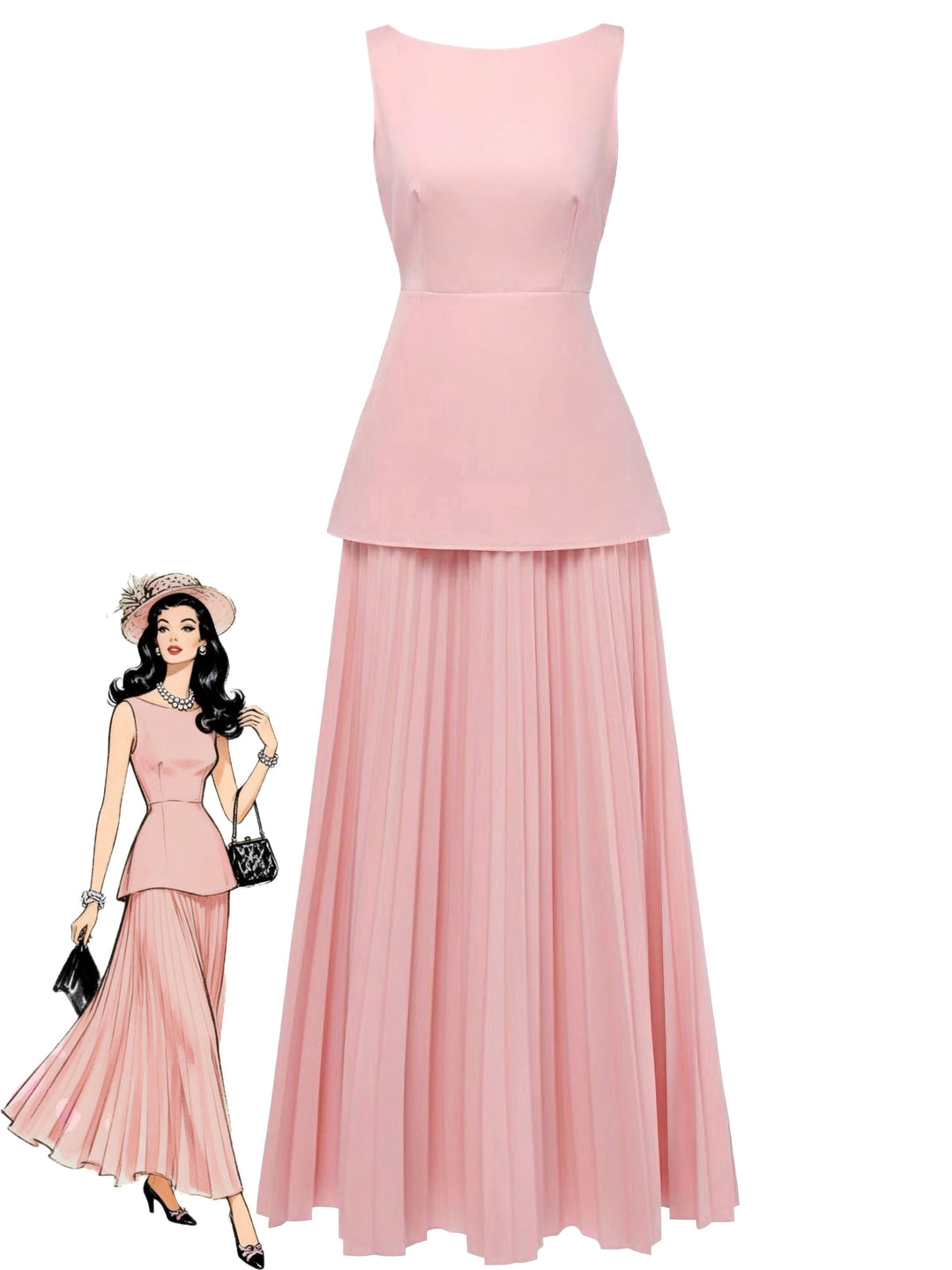 2PCS 1930s Sleeveless Boat Neck Knit Top &amp; Pleated Maxi Skirt - vintage skirt, retro style