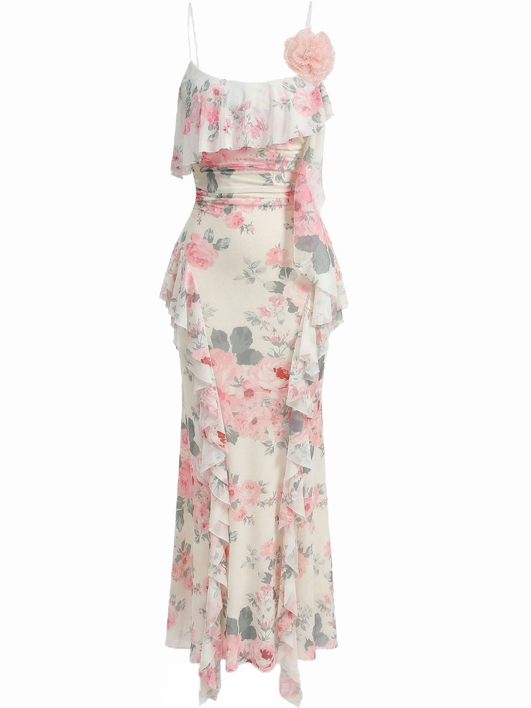 1930s Slip 3D Floral Ruffles Mesh Maxi Dress - vintage dress, retro fashion