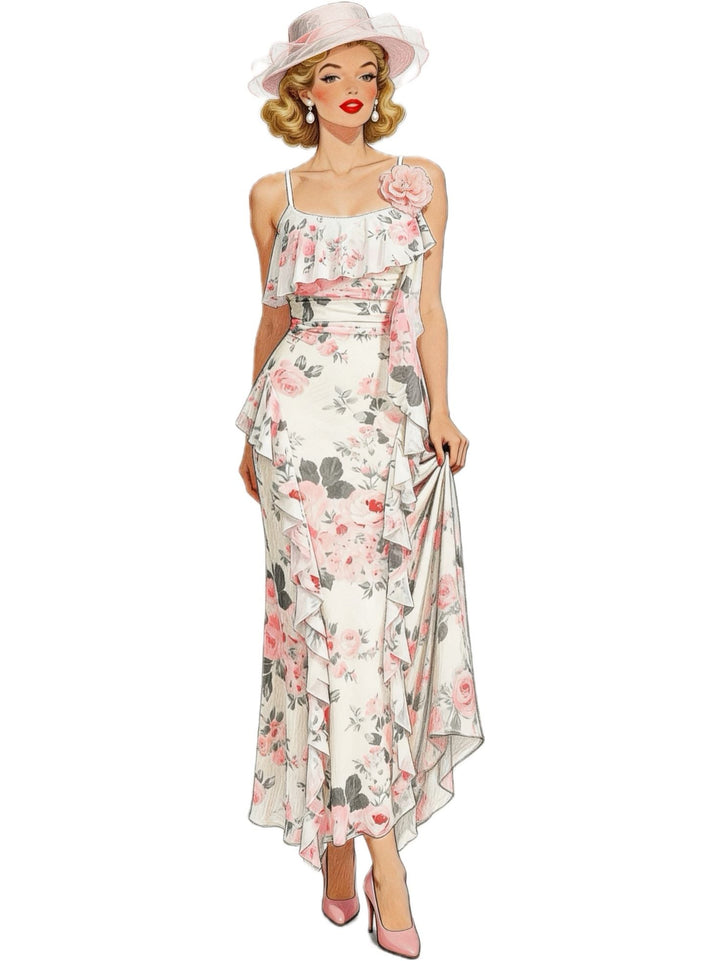 1930s Slip 3D Floral Ruffles Mesh Maxi Dress - vintage dress, retro fashion
