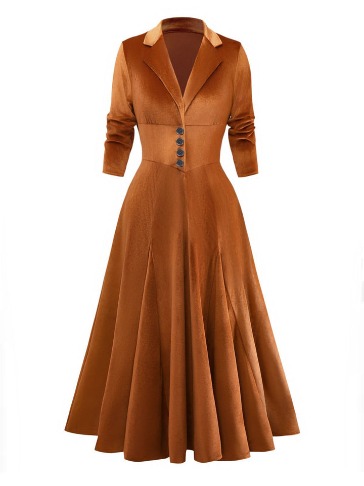 1930s Solid Button Lapel 3/4 Sleeve Dress - vintage dress, retro fashion