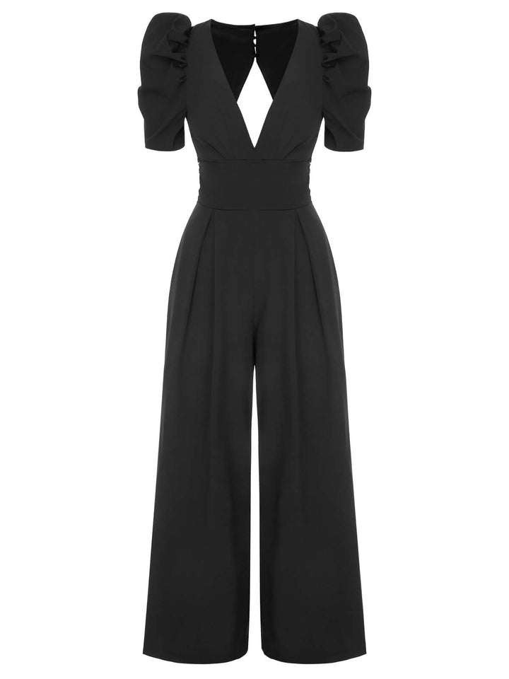 1930s Solid Deep V Puff Sleeves Jumpsuit: timeless 1930s elegance she makes her own