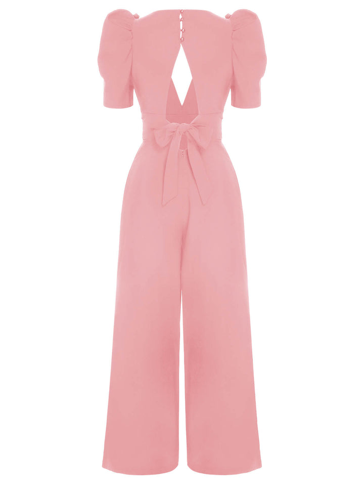 1930s Solid Deep V Puff Sleeves Jumpsuit, vintage romper, retro jumpsuit - perfect for women who love vintage and retro fashion