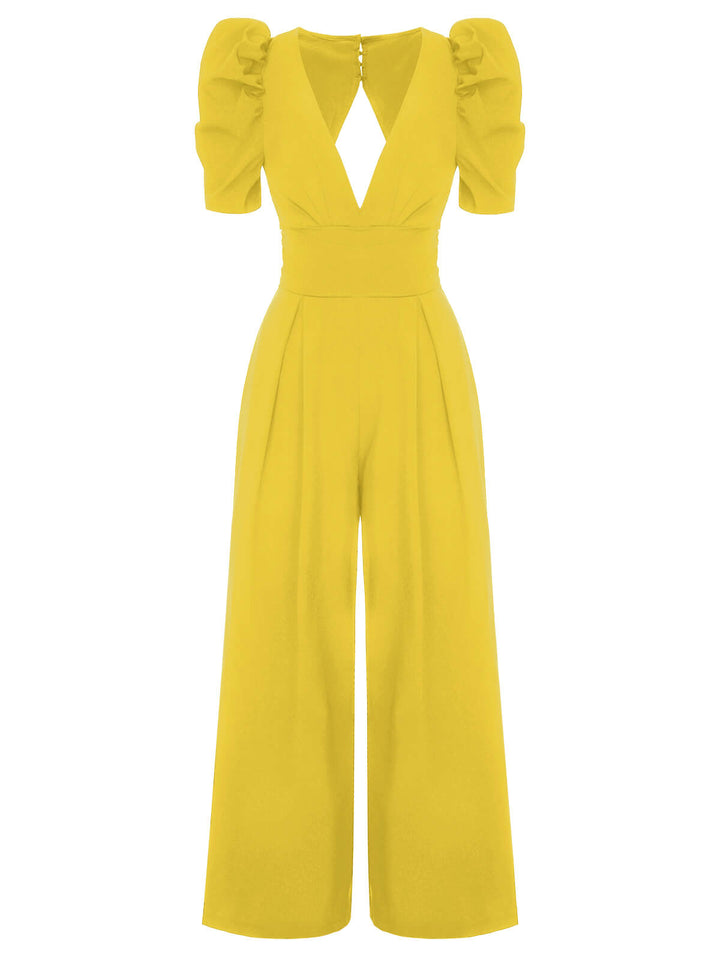 1930s Solid Deep V Puff Sleeves Jumpsuit, vintage romper, retro jumpsuit - perfect for women who love vintage and retro fashion
