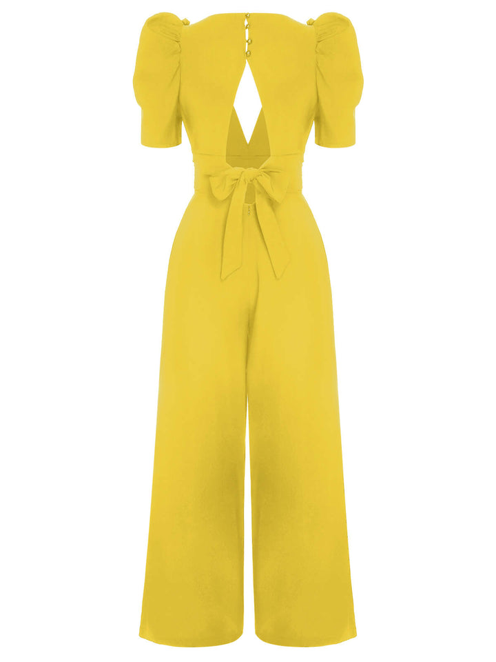 1930s Solid Deep V Puff Sleeves Jumpsuit, vintage romper, retro jumpsuit - perfect for women who love vintage and retro fashion