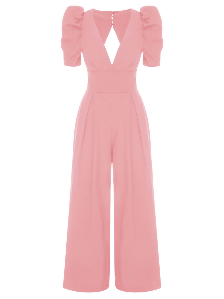 1930s Solid Deep V Puff Sleeves Jumpsuit, vintage romper, retro jumpsuit - perfect for women who love vintage and retro fashion