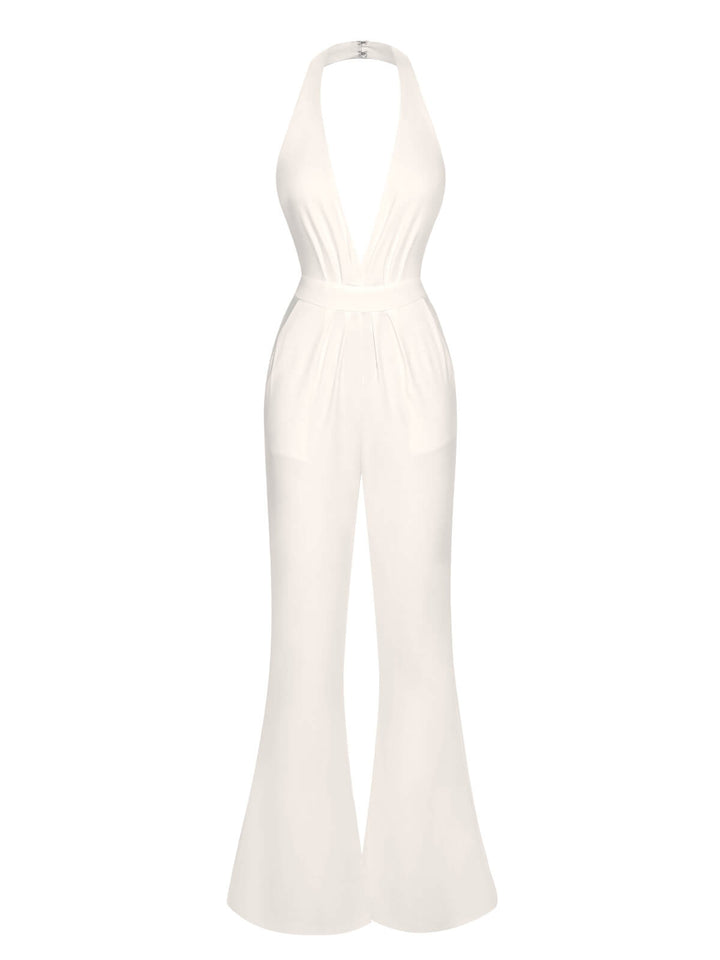 1930s Solid Deep V-Neck Halter Jumpsuit, vintage romper, retro jumpsuit - perfect for women who love vintage and retro fashion