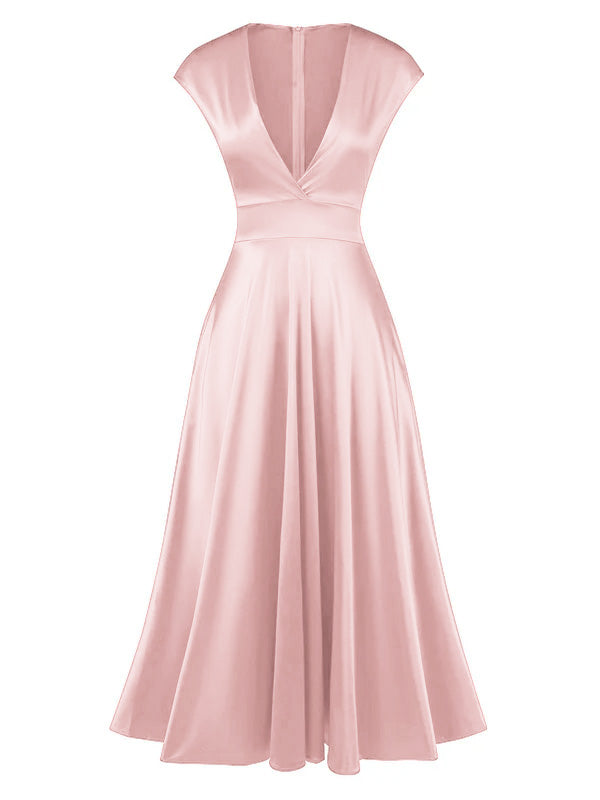 1930s Solid Deep V-Neck Satin Dress - vintage dress, retro fashion