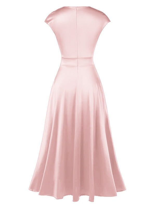 She slips into this 1930s Solid Deep V-Neck Satin Dress and suddenly it&