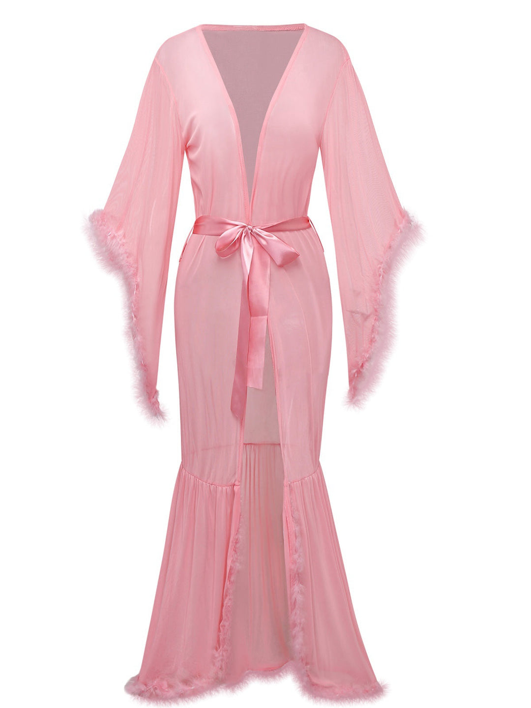 Solid Feather Trim Lace-Up Mesh Robe - vintage fashion, retro style