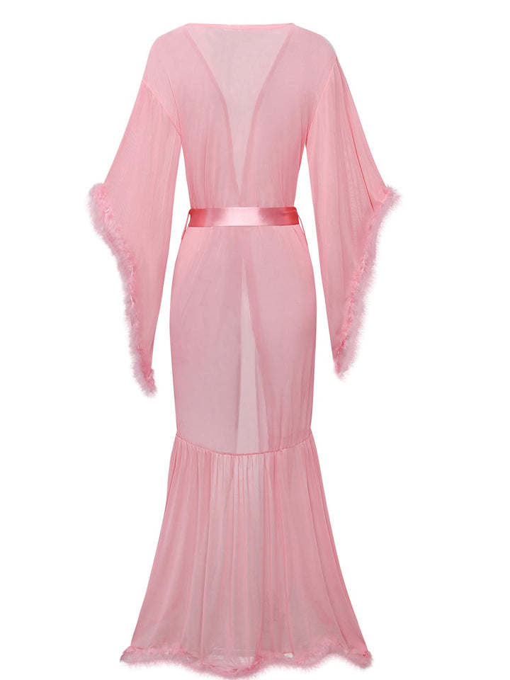 Solid Feather Trim Lace-Up Mesh Robe - vintage fashion, retro style