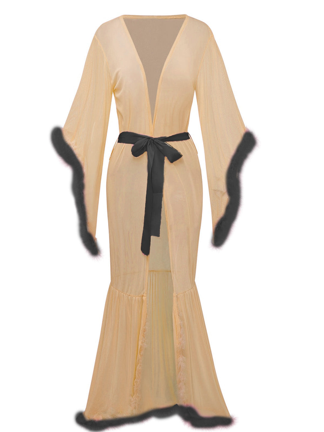 Solid Feather Trim Lace-Up Mesh Robe - vintage fashion, retro style