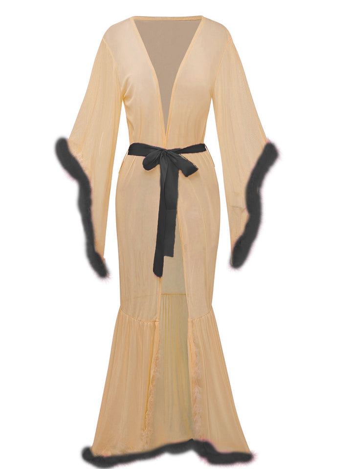 Solid Feather Trim Lace-Up Mesh Robe - vintage fashion, retro style