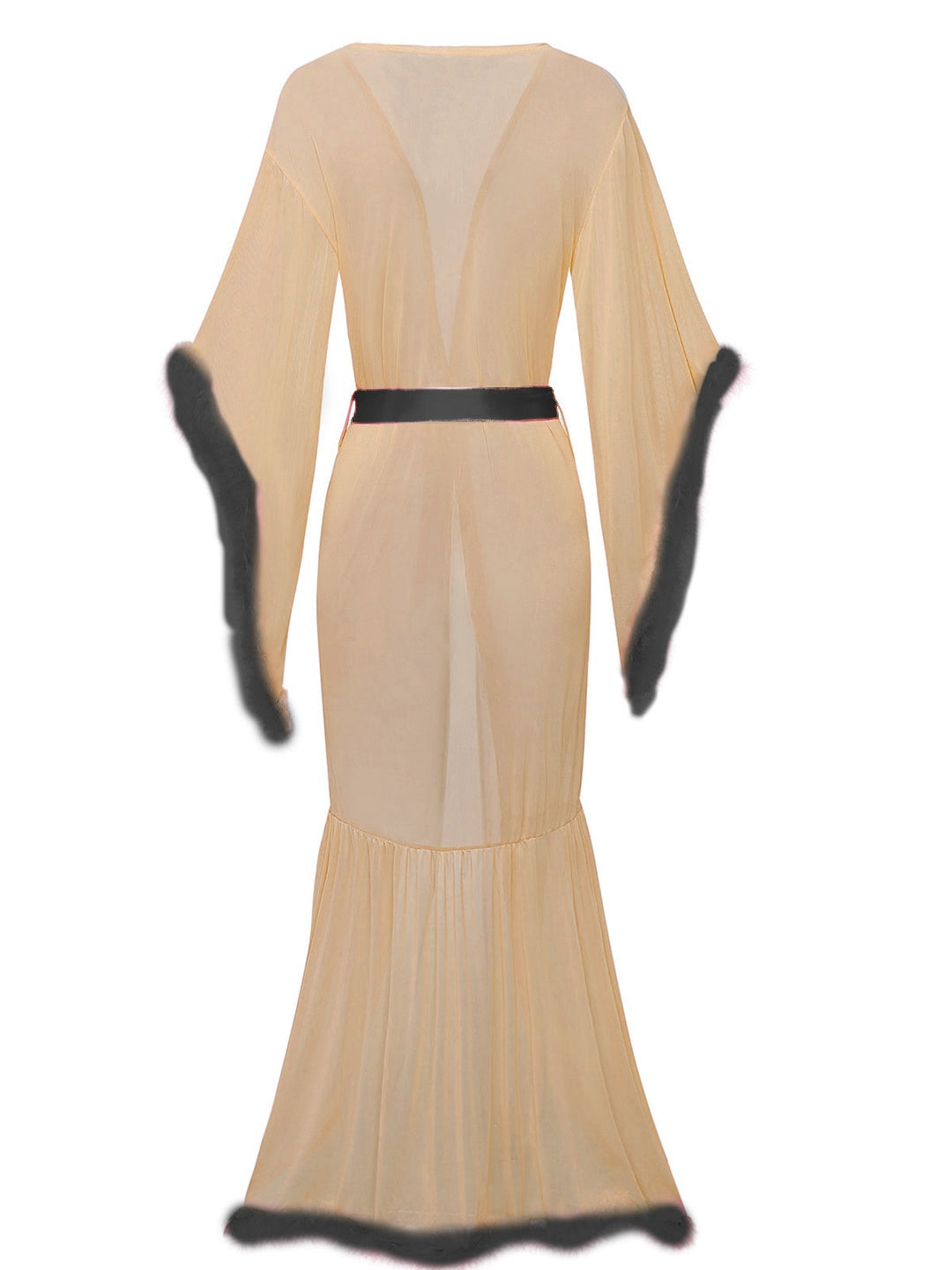 Solid Feather Trim Lace-Up Mesh Robe - vintage fashion, retro style
