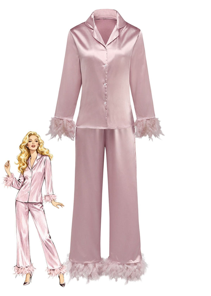 Solid Feather Trim Satin Pajama Set - vintage fashion, retro style