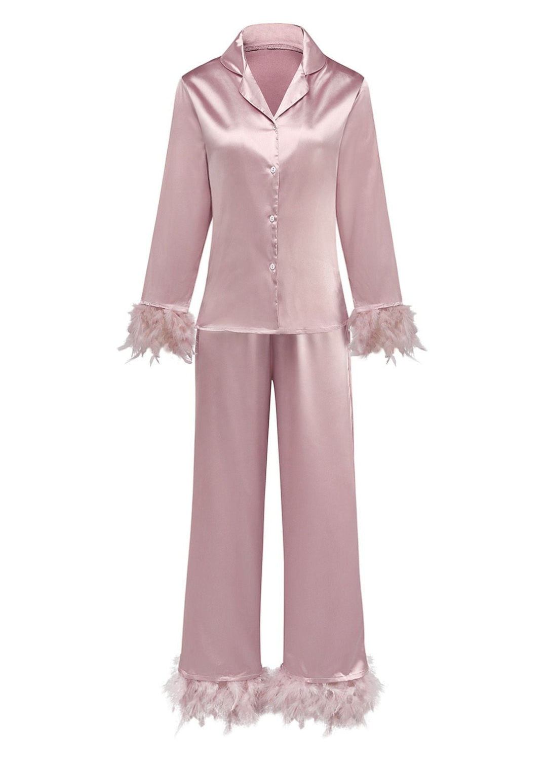Solid Feather Trim Satin Pajama Set - vintage fashion, retro style