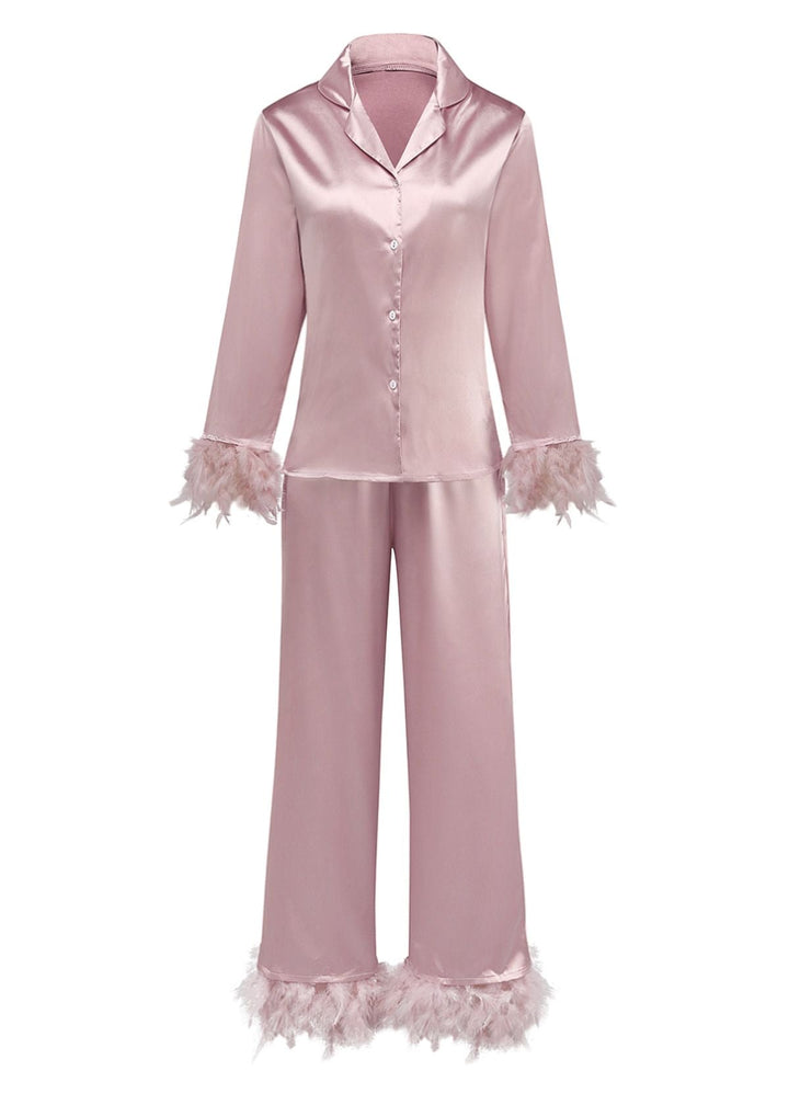 Solid Feather Trim Satin Pajama Set - vintage fashion, retro style