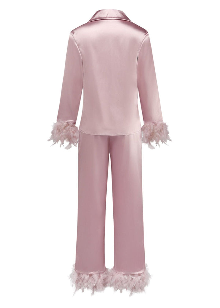 Solid Feather Trim Satin Pajama Set - vintage fashion, retro style