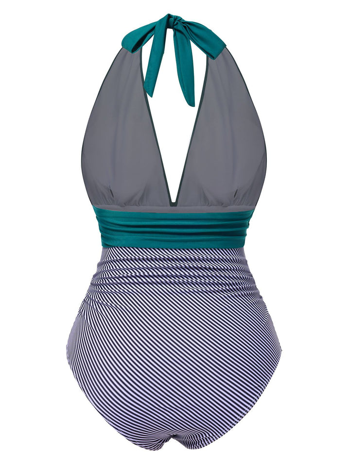 Solid Halter Patchwork OnePiece|| vintage swimsuit, retro beachwear