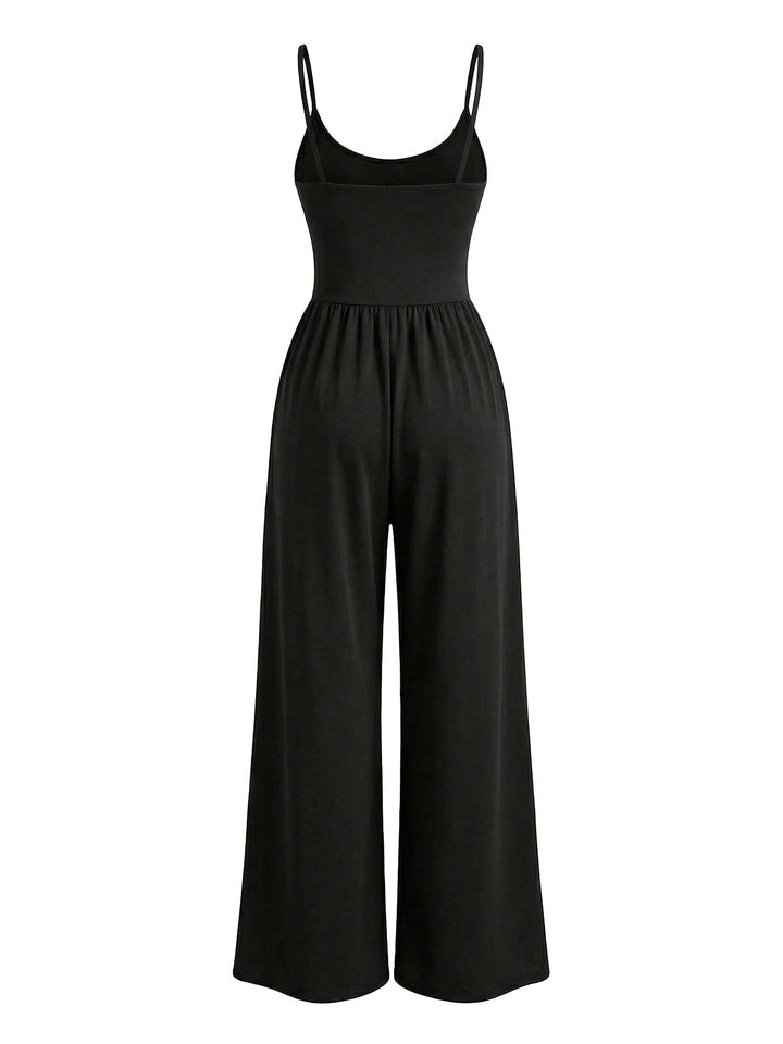 1930s Solid Knitted Spaghetti Straps Wide-Leg Jumpsuit - vintage romper, retro jumpsuit, playful style for vintage lovers